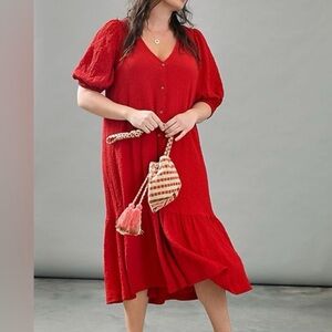 Anthropologie Maeve Scarletta Midi Dress XL P Petite Red Relaxed Lightweight Fit